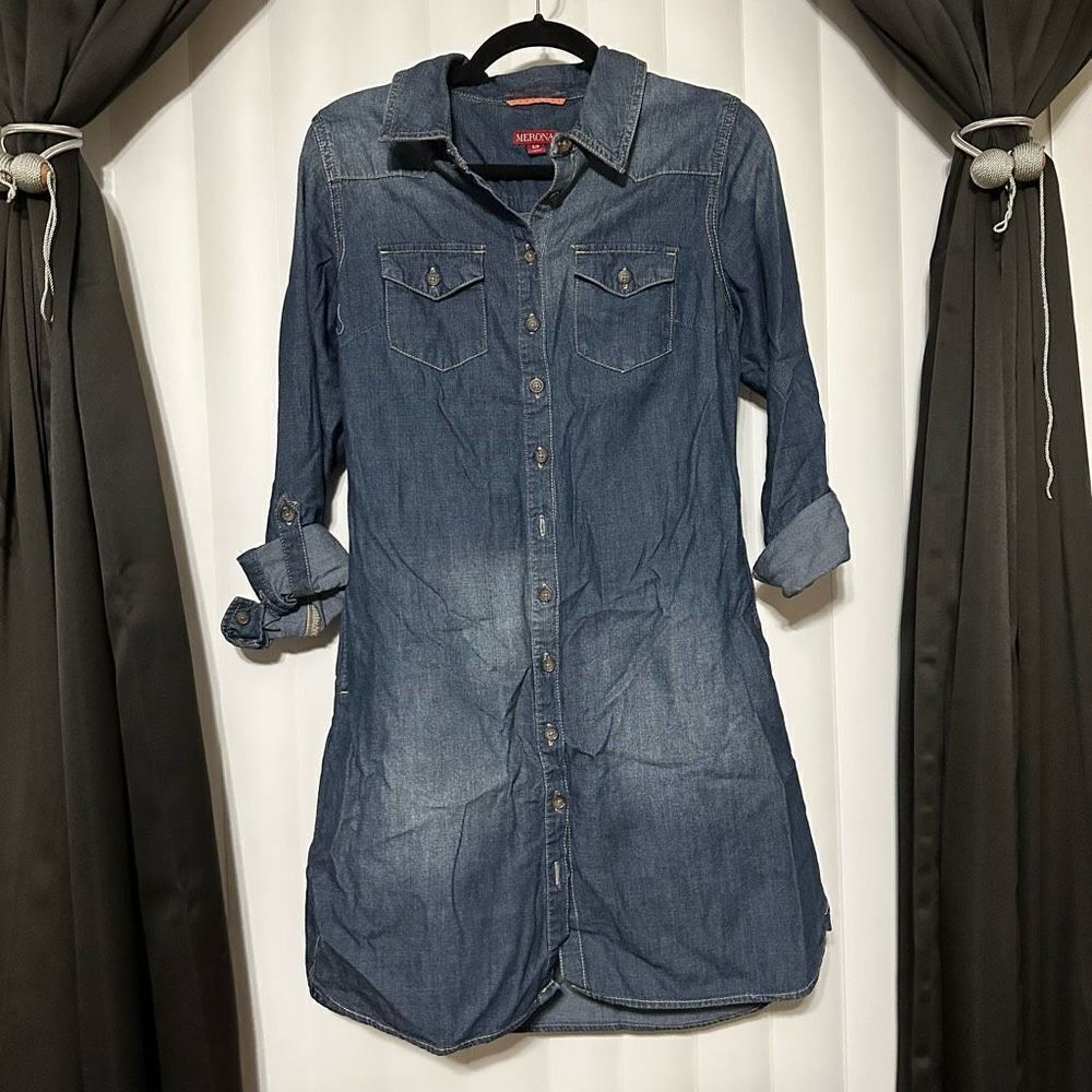 Merona dark blue denim long sleeve dress, side functional pockets and two chest
